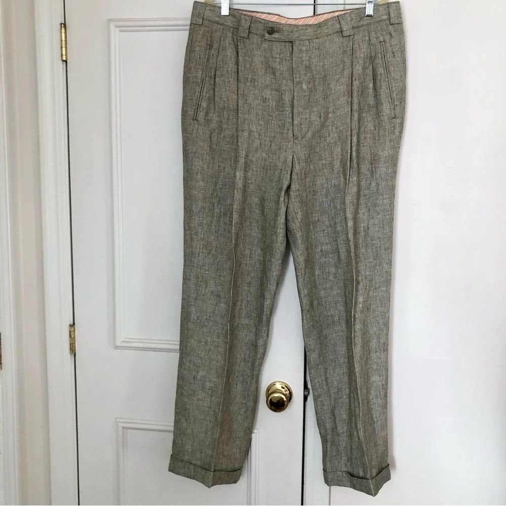 Mens Linen Trousers pleats cuffs pockets 38” Riviera Sport formal 31” inseam